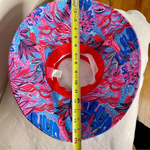 Lilly Pulitzer Ruby Red Sun Hat Wild Times Pink Blue Wide Brim Tropical Beachy - Picture 9 of 14